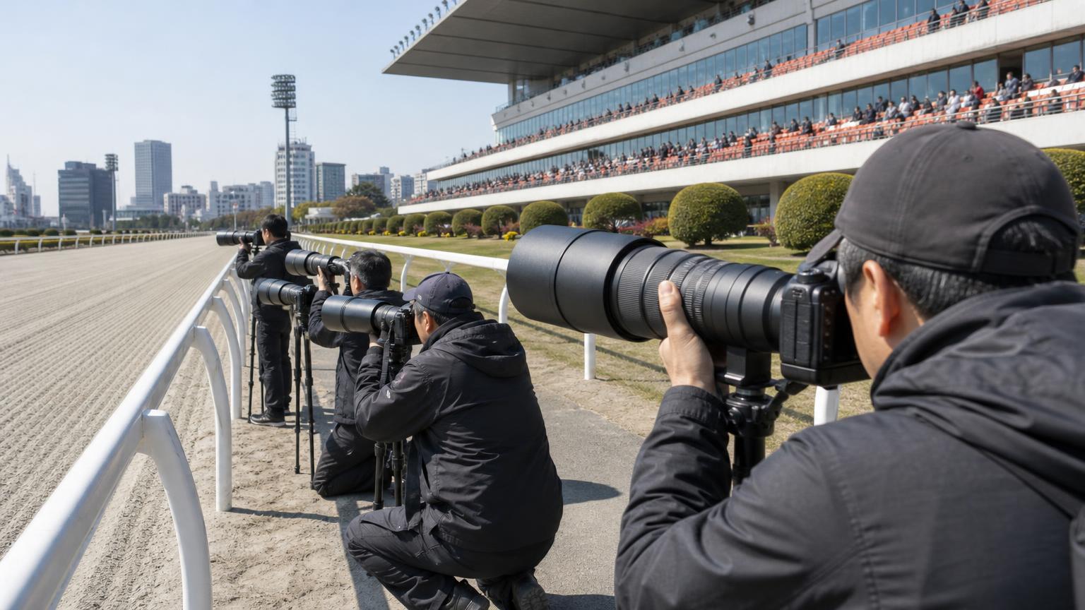 地方競馬の競馬場の外ラチ沿いに並び、望遠レンズのカメラをコースへ向けるカメラマンたちを横から描いた画像