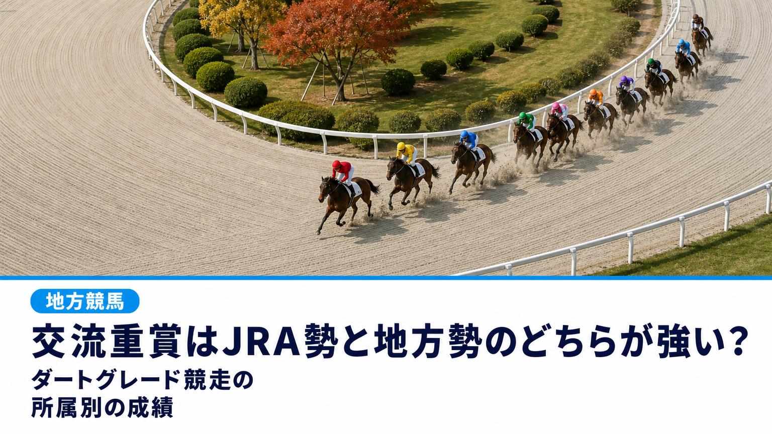 記事タイトル「交流重賞はJRA勢と地方勢のどちらが強い?ダートグレード競走の所属別の成績」の文字と、晴れた秋の地方競馬の競馬場で、ダートコースのコーナーを内ラチ沿いに回る競走馬たちを高い位置から見下ろした画像
