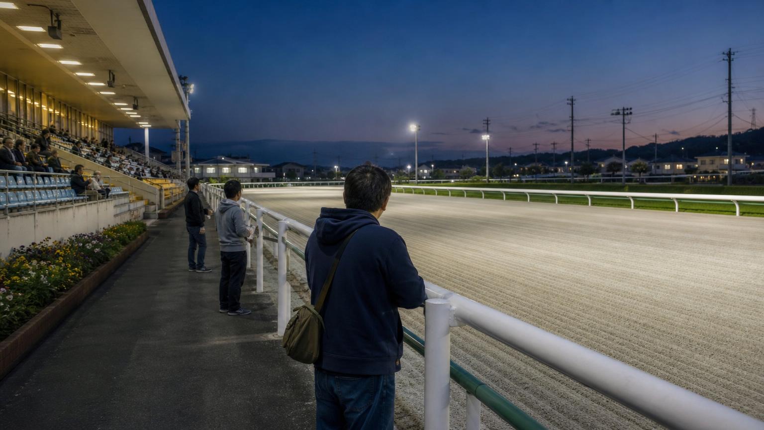 夕暮れの小さな地方競馬場。明かりのともったスタンドの前で、数人の観客が柵越しに砂のコースを眺めている