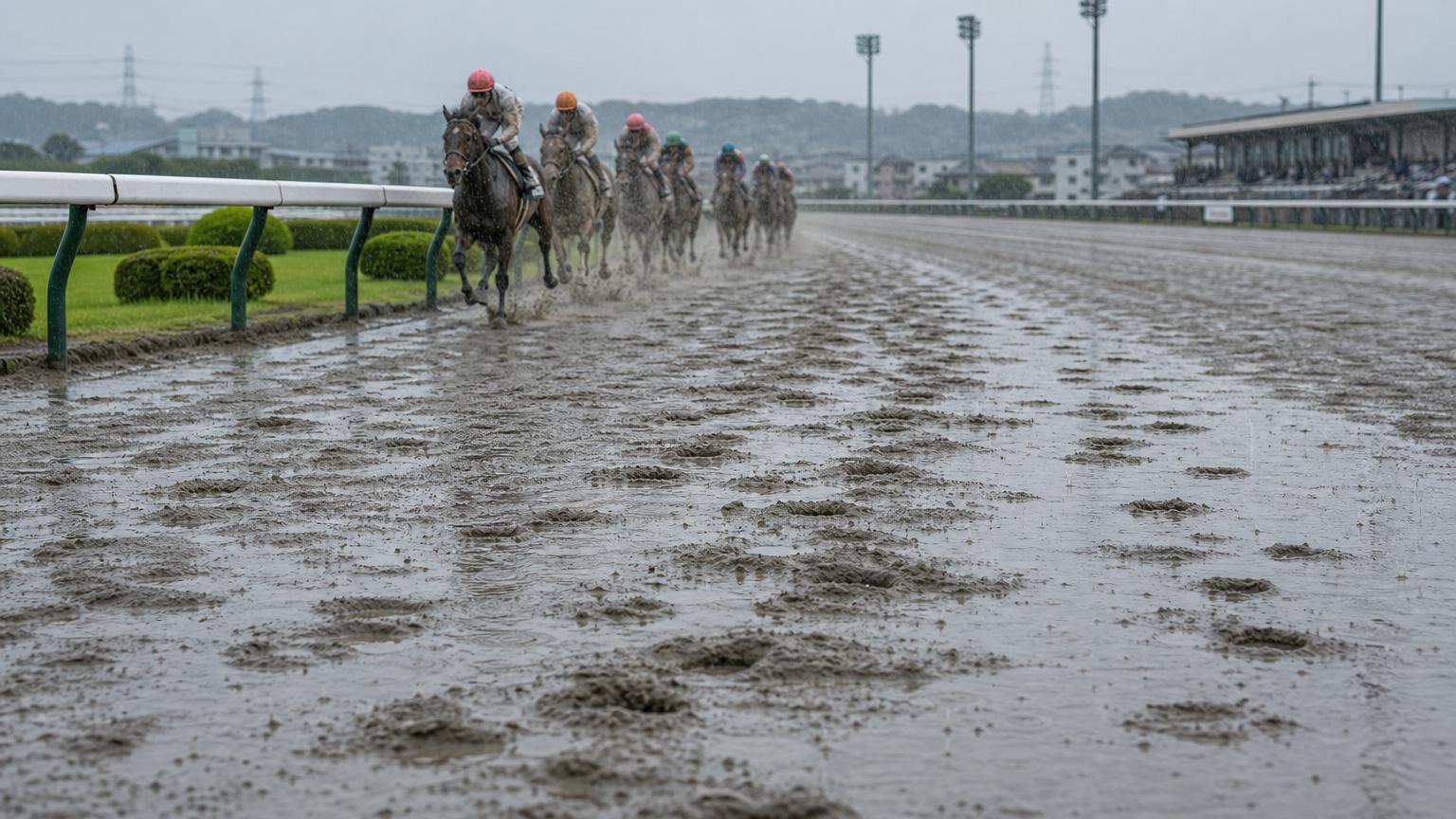 雨に濡れて黒ずんだ地方競馬のダートコース。蹄の跡と水たまりが残り、奥では内ラチ沿いを馬群が雨の中を走っている