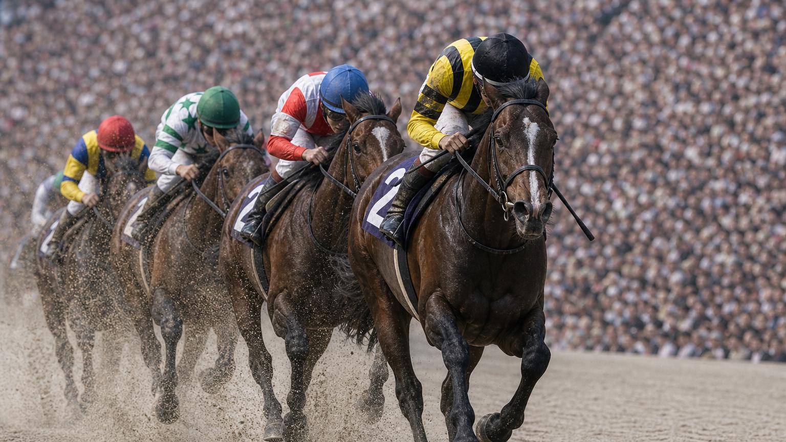 満員の大観衆を背に、中央競馬のダートコースを追い比べる競走馬と騎手たち。砂を蹴立てて一頭が抜け出そうとしている