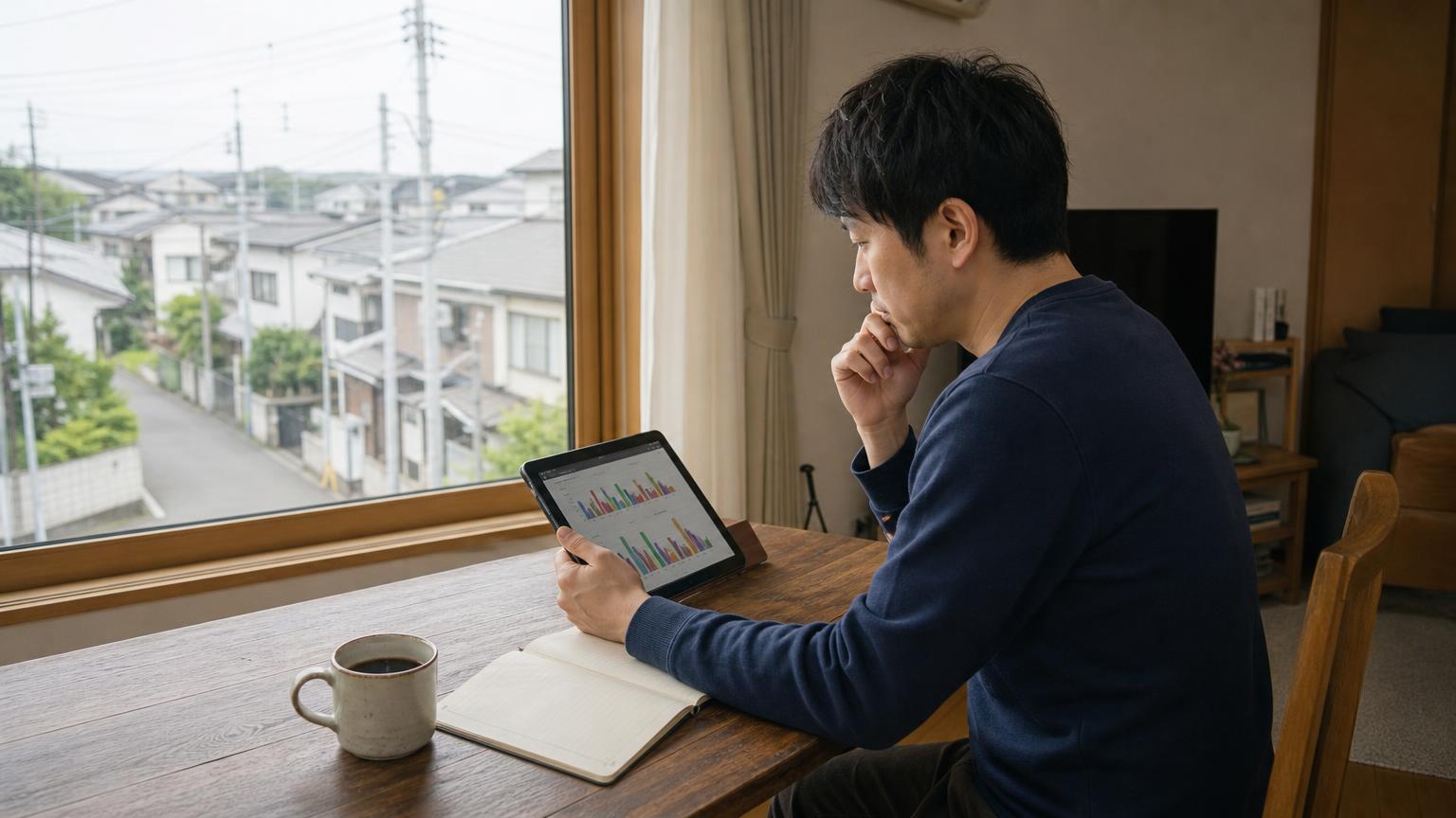 自宅のテーブルでタブレットの棒グラフを見ながら競馬のデータを確認する男性。手元にはノートとコーヒーが置かれている