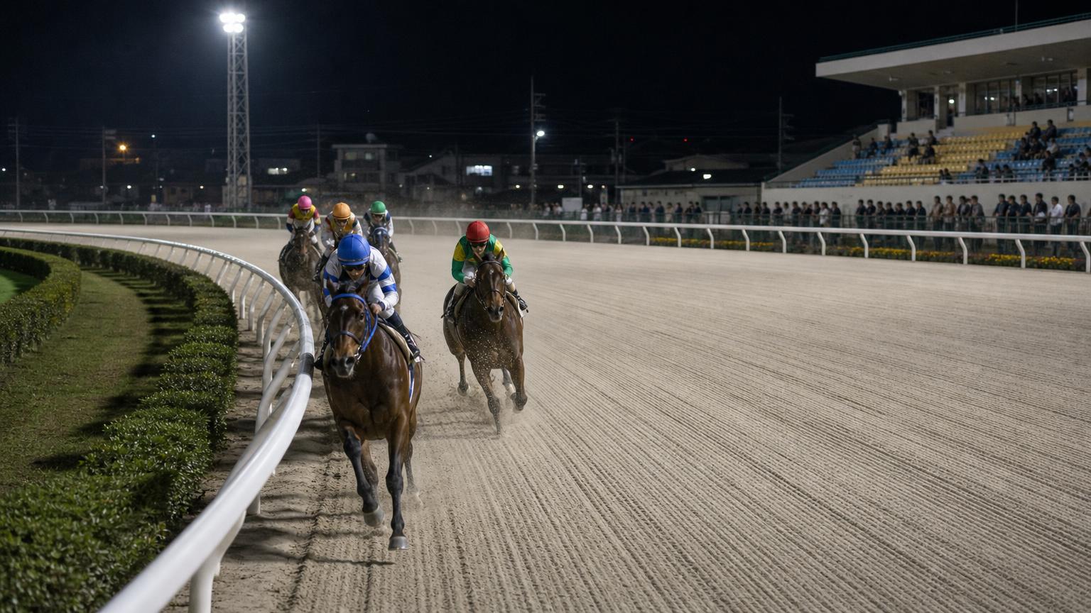 ナイターの地方競馬場で内ラチ沿いにコーナーを回る競走馬の一団。砂を巻き上げながら、ラチ沿いの先頭馬に一頭分外を回る馬が並びかけ、外側の走路は大きく空いている