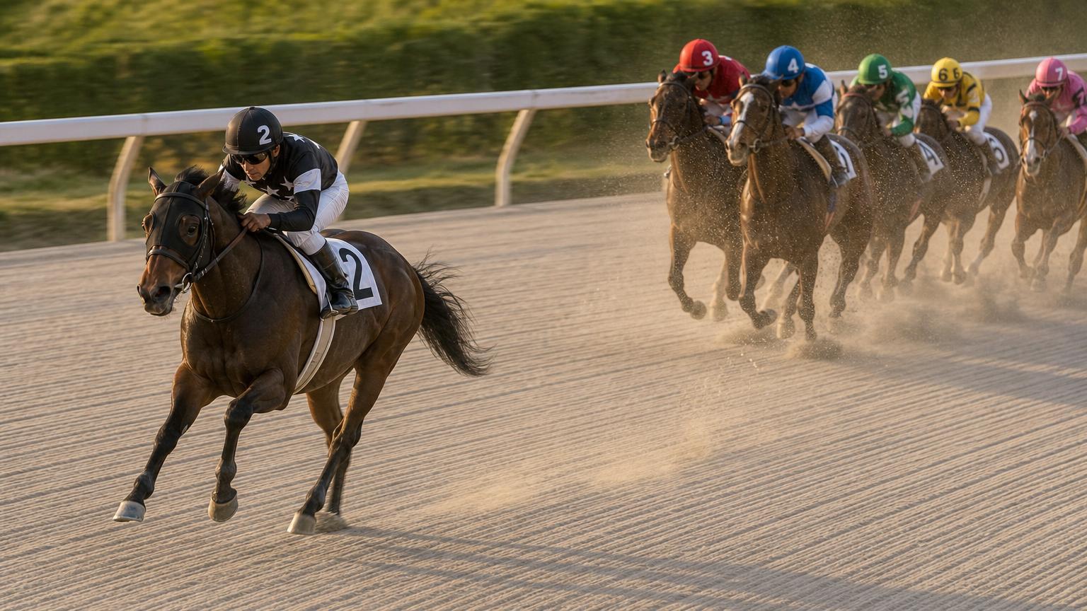 地方競馬のダートコースで、内ラチ沿いを単騎で先頭を走る競走馬と騎手。後続の一団は数馬身うしろに固まっている