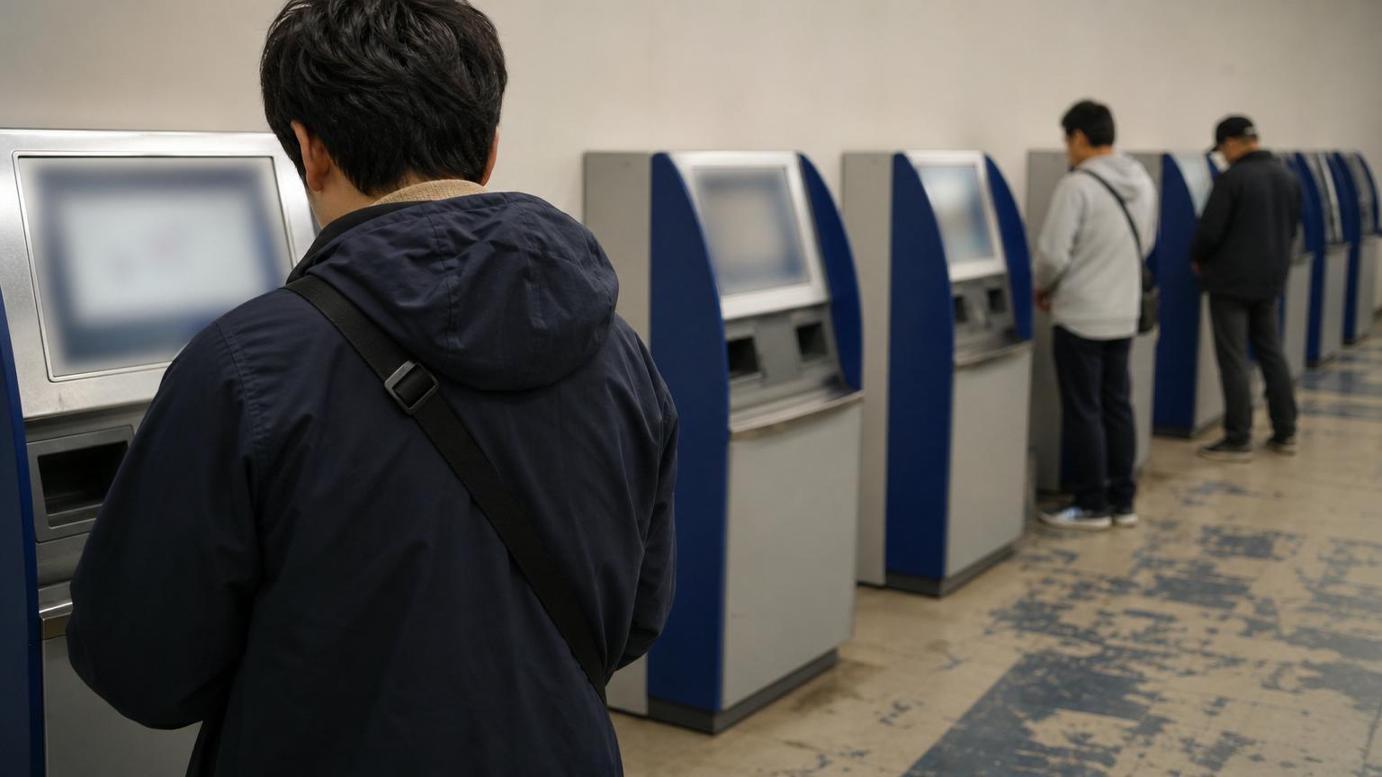 地方競馬場の場内で、券売機の並ぶ一角に立つ人の後ろ姿。機械の表示は焦点の外でぼやけている