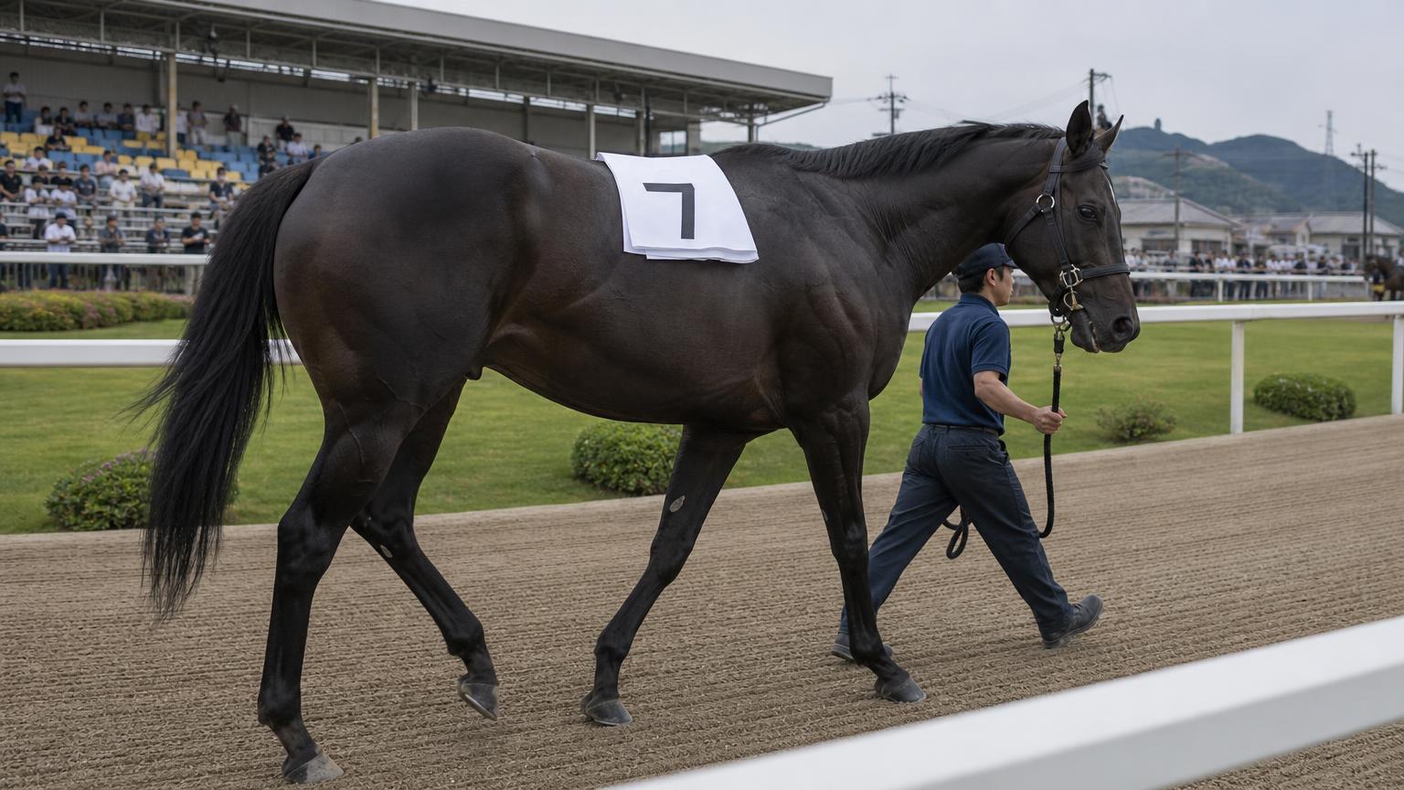 地方競馬場のパドックを周回する大型の競走馬。引き手が首の横を並んで歩き、尻と肩の筋肉の量感がはっきり分かる