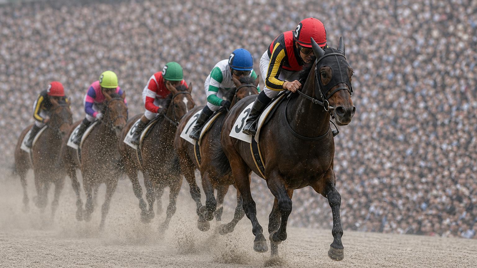 満員の大観衆を背に、中央競馬のダートコースを追い比べる競走馬と騎手たち。砂を蹴立てて一頭が抜け出そうとしている