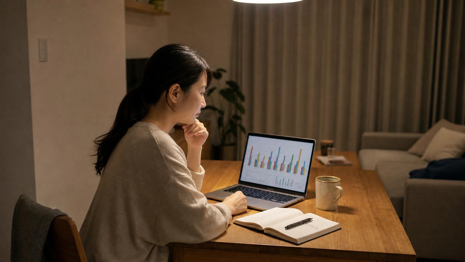 夜の自宅のテーブルで、ノートパソコンに表示した棒グラフと手元のノートを見比べる女性