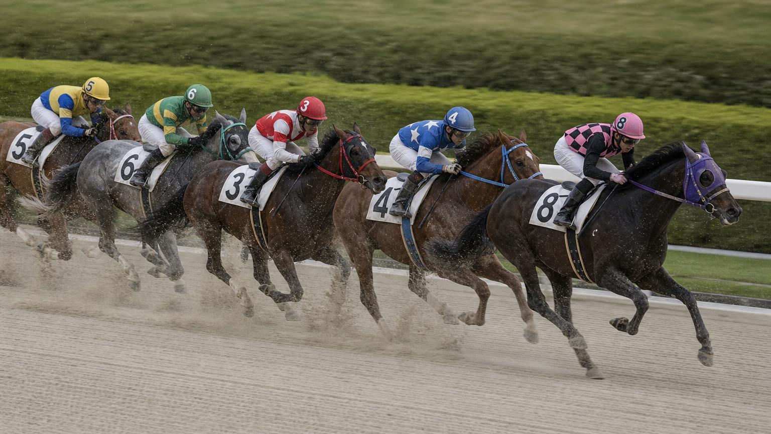 曇天の地方競馬場のダートコース。内ラチ沿いに縦長で連なる競走馬の一団が、砂を巻き上げながら直線を走っている