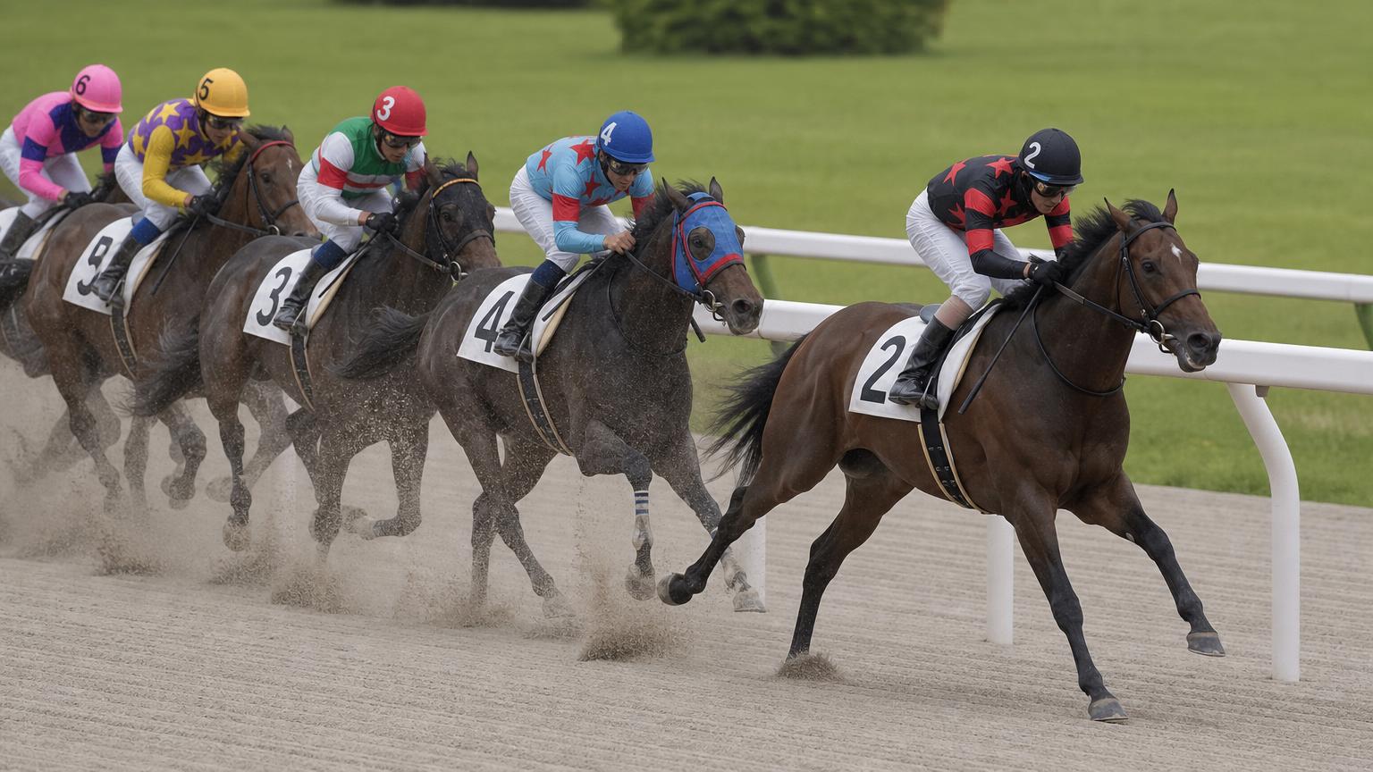 曇天の地方競馬場のダートコース。内ラチ沿いを走る先頭の1頭が、後続を離してゴール前を駆け抜けている
