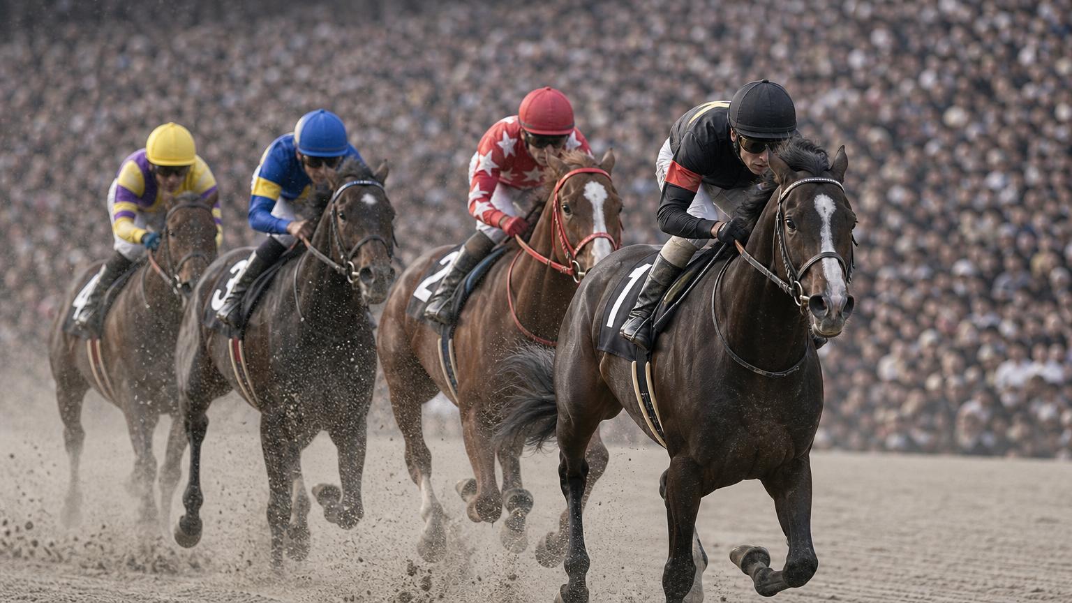 満員の大観衆を背に、中央競馬のダートコースを追い比べる競走馬と騎手たち。砂を蹴立てて一頭が抜け出そうとしている