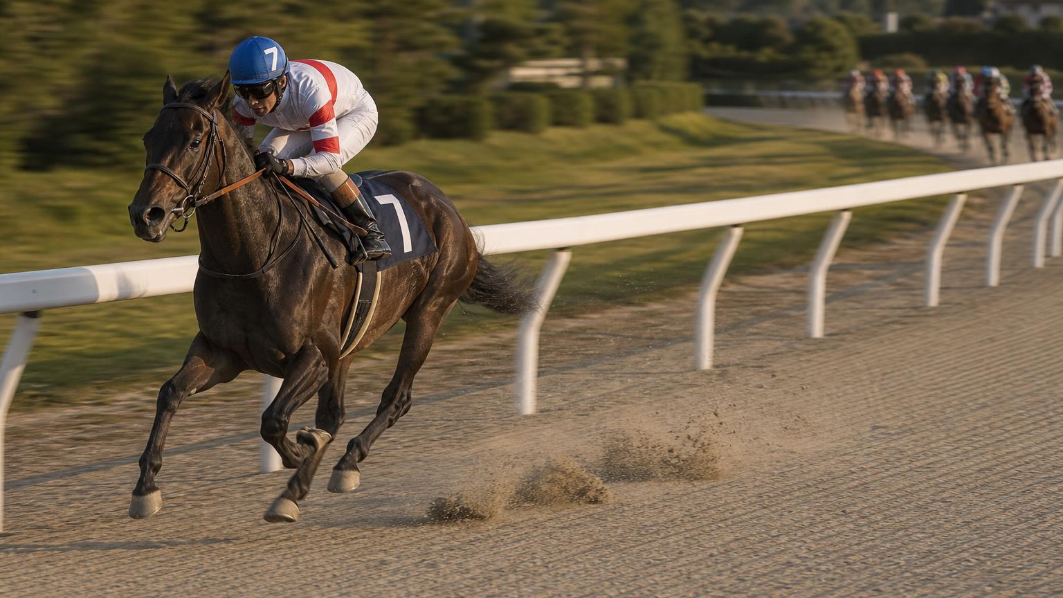 地方競馬のダートコースで、1頭だけが後続を大きく離して走っている場面。後続の一団ははるか後方に小さく写る