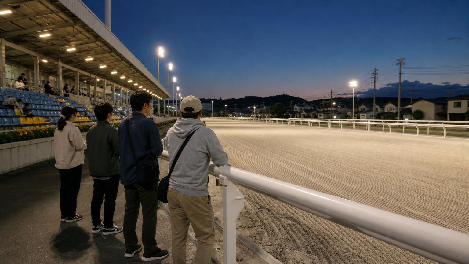 地方競馬場の外ラチ際で、スタンドを背にしてコースを見つめる数人の観客の後ろ姿。発走前の静かな時間