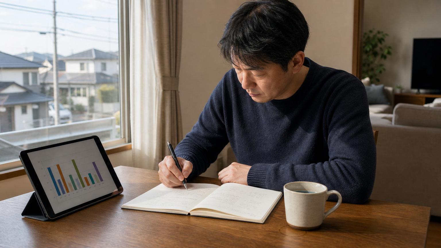 朝の自宅のテーブルで、タブレットの棒グラフを見ながらノートに書き込む男性。窓からは住宅街が見える