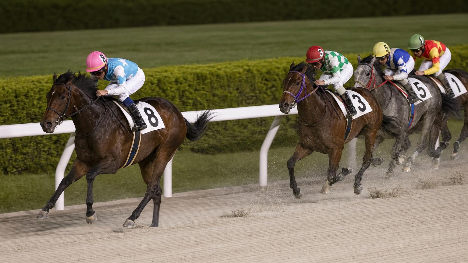 ナイターの地方競馬場のダートコースで、内ラチ沿いを先頭で走る競走馬。後続の一団は少し離れて縦に連なっている