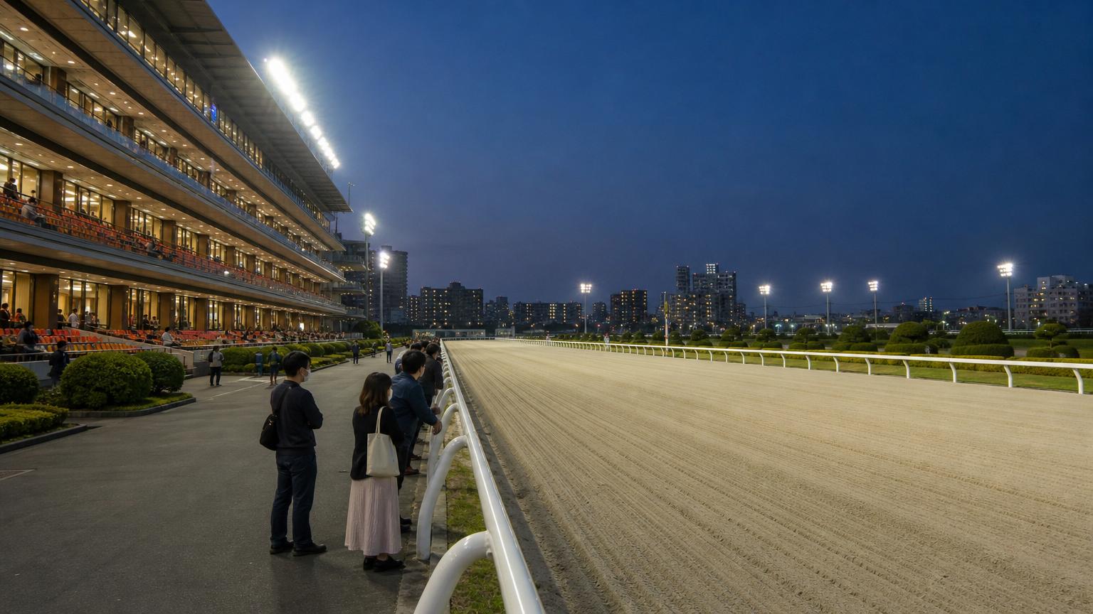大井競馬場をイメージした地方競馬場の全景。手前にスタンドと立ち見の広場、その先の外ラチの向こうに砂のコースが広がっている