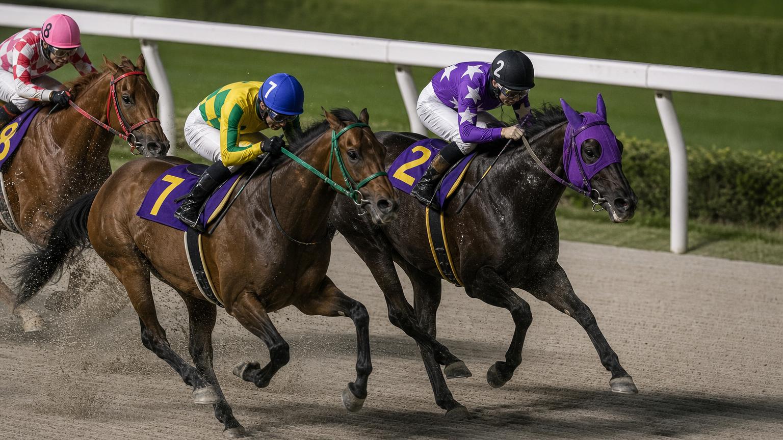 大井競馬場をイメージした砂のコースで、内ラチ沿いを2頭がほぼ並んで走っている。どちらか一方が有利に見えることはない