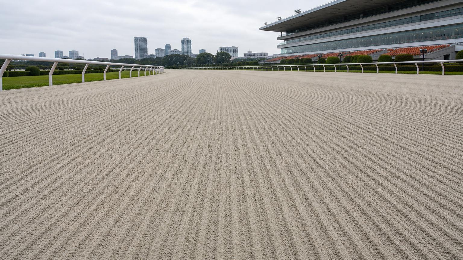 大井競馬場をイメージした砂のコース。レース前のハロー掛けを終えた無人の走路が、走行方向に走る細い筋を残して奥へ続いている