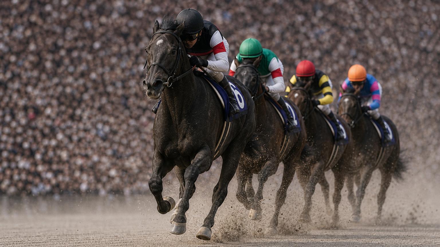 満員の大観衆を背に、中央競馬のダートコースを追い比べる競走馬と騎手たち。砂を蹴立てて一頭が抜け出そうとしている