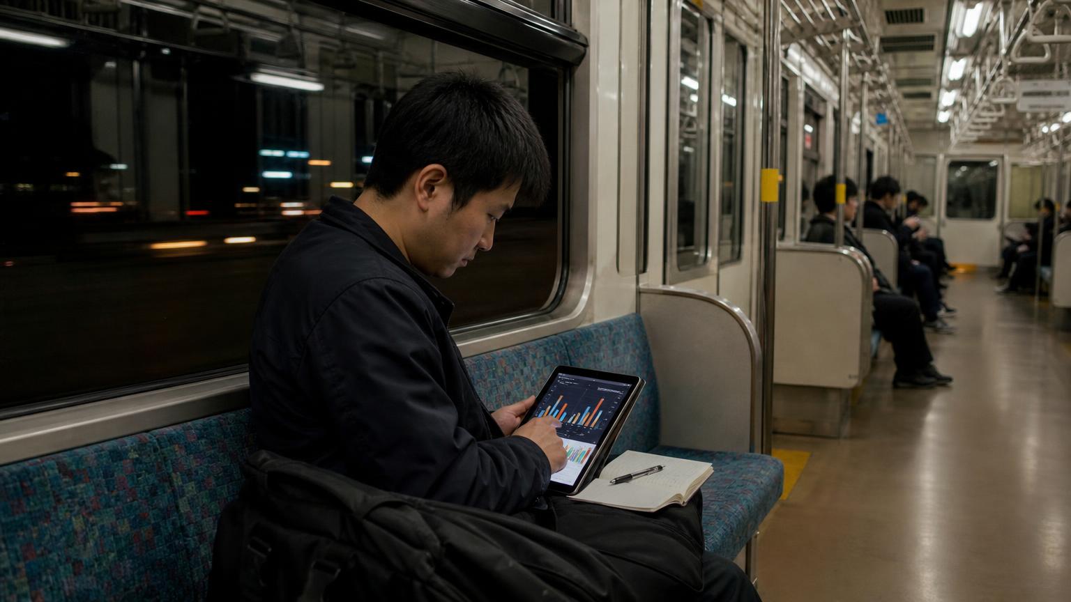 30代の日本人男性が、競馬のデータを見ながら考えている場面