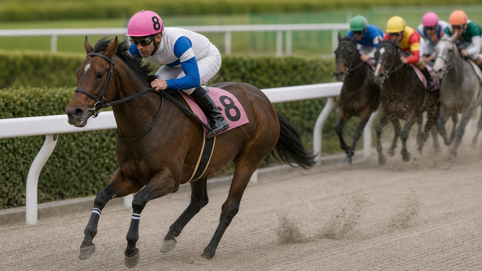 地方競馬のダートコースで、内ラチ沿いを走る1頭が後続を大きく離してゴール前を駆け抜けている