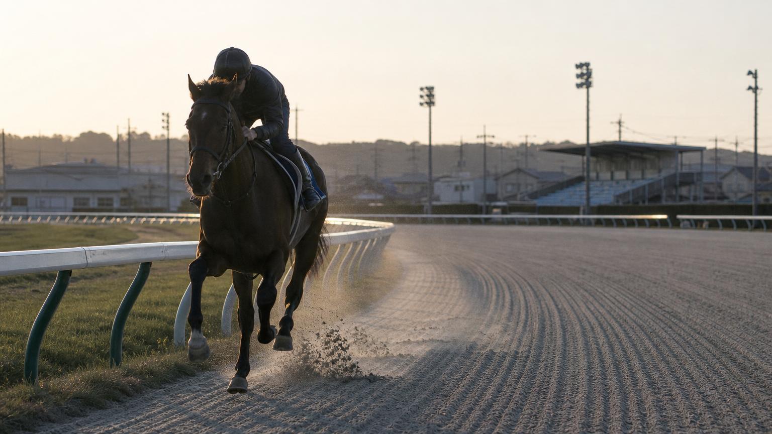 夜明けの地方競馬場のダートコースで、1頭だけが調教で走っている。人けのないスタンドが遠くに見える