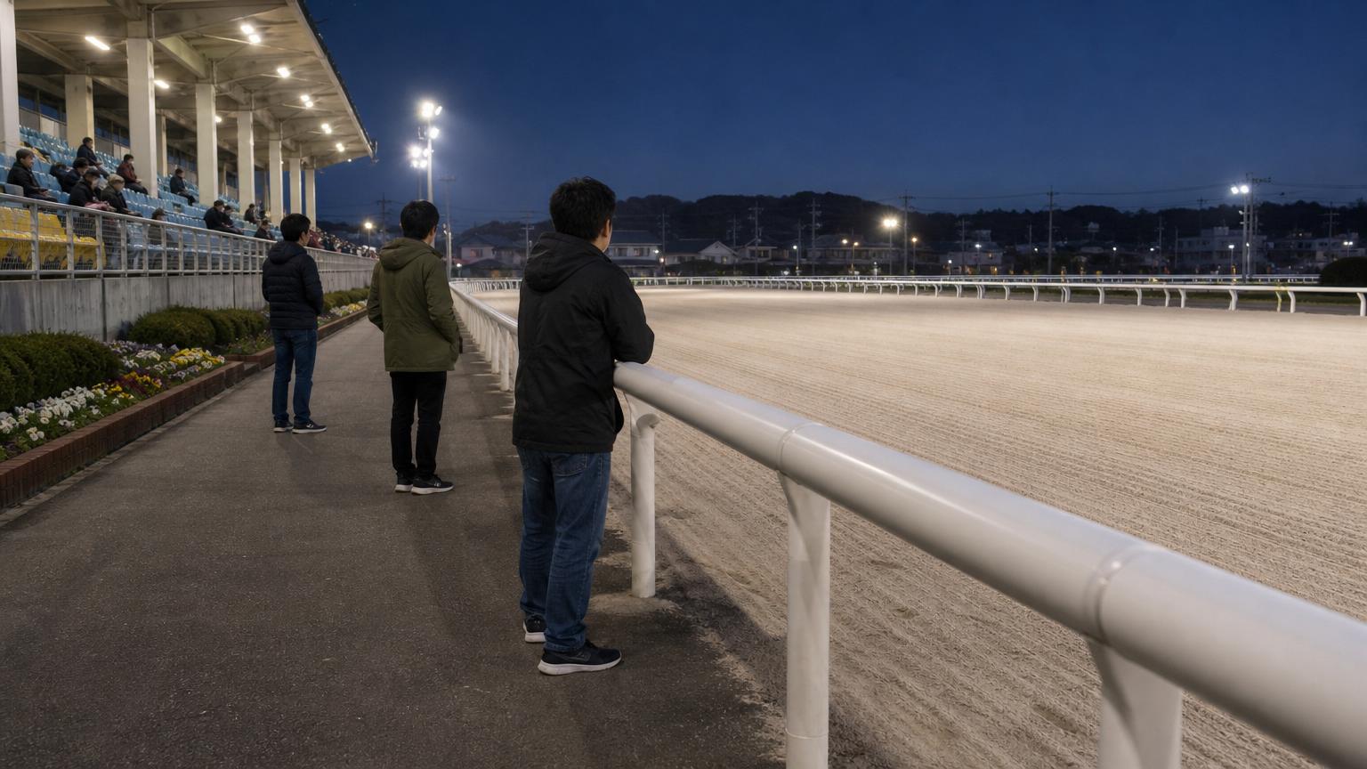 薄暮の地方競馬場の外ラチ際で、スタンドを背にコースを見つめる観客の後ろ姿。発走を待つ静かな時間