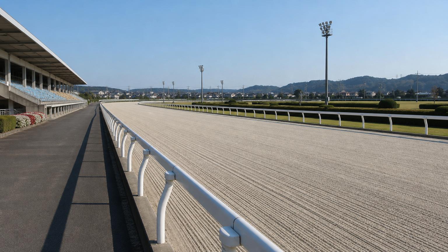 朝の小さな地方競馬場の全景。手前にスタンドと立ち見の広場、その先の外ラチの向こうに無人の砂のコースが広がっている