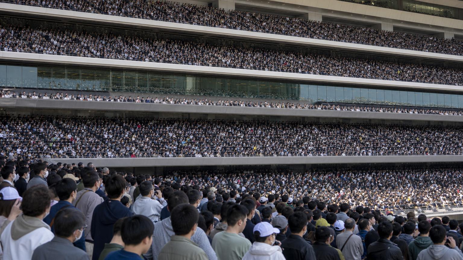 中央競馬場の満員のスタンド。何万人もの観客が幾層にも重なり、手前の人々は一様にコースの方を向いている