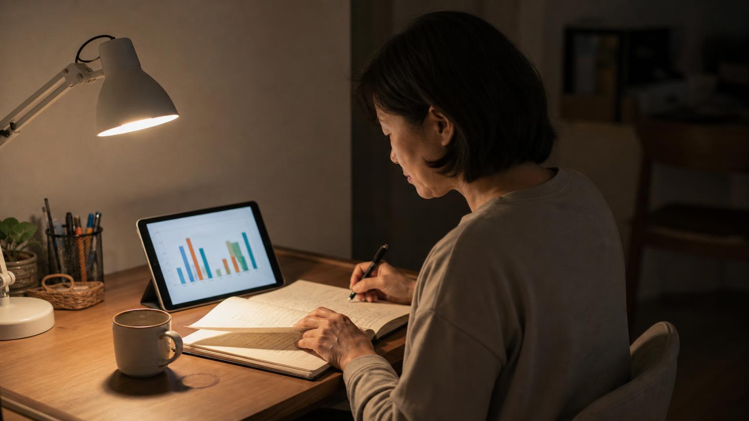 夜の自宅の机で、ノートを整理しながらタブレットの棒グラフを見返す女性