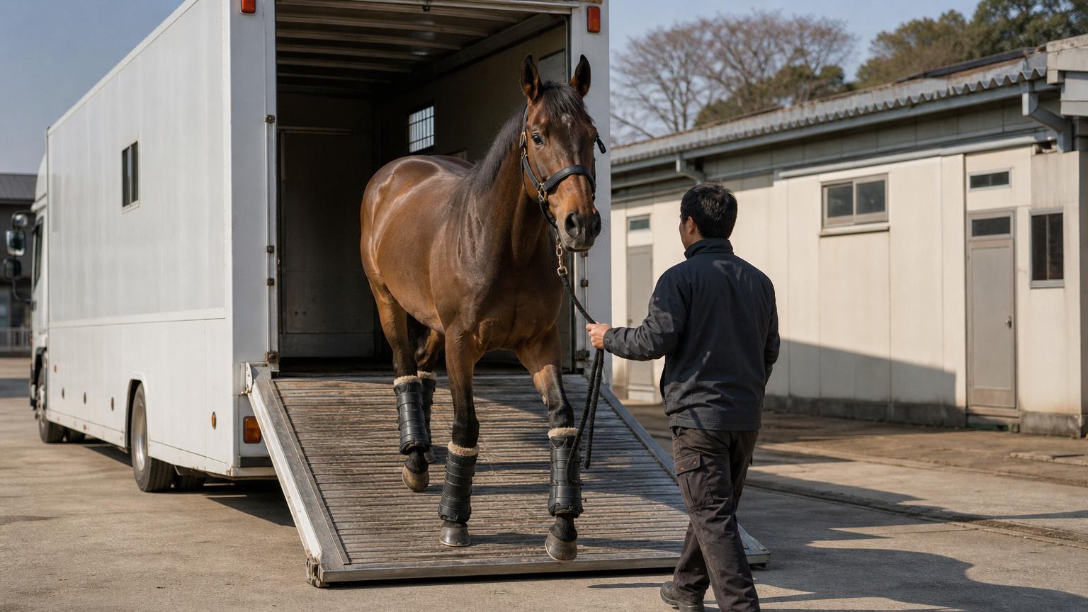 競馬場の裏手で、馬運車のスロープからゆっくり降りてくるサラブレッド。引き手が手綱を持って寄り添っている