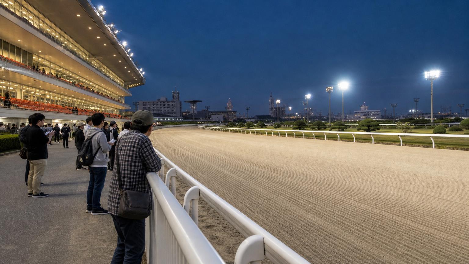 川崎競馬場をイメージした地方競馬場の全景。手前にスタンドと立ち見の広場、その先の外ラチの向こうに砂のコースが広がっている