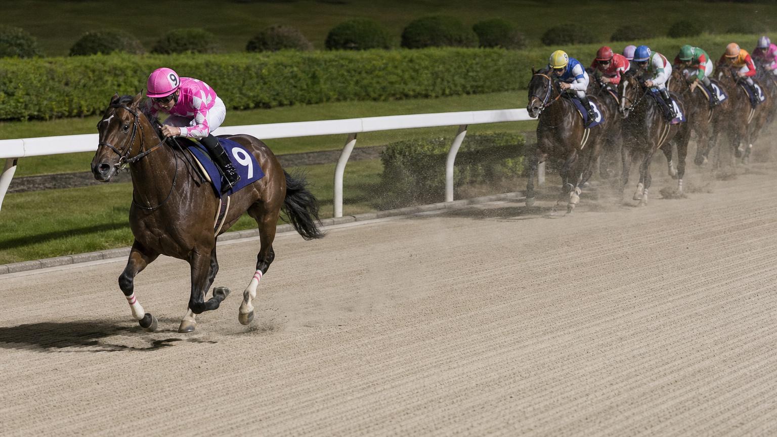 川崎競馬場をイメージした砂のコースで、内ラチ沿いを単騎で先頭を走る競走馬と騎手。後続の一団は数馬身うしろに固まっている