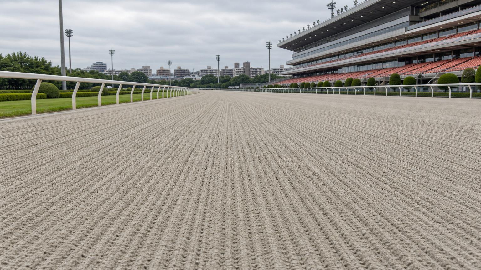 川崎競馬場をイメージした砂のコース。レース前のハロー掛けを終えた無人の走路が、走行方向に走る細い筋を残して奥へ続いている