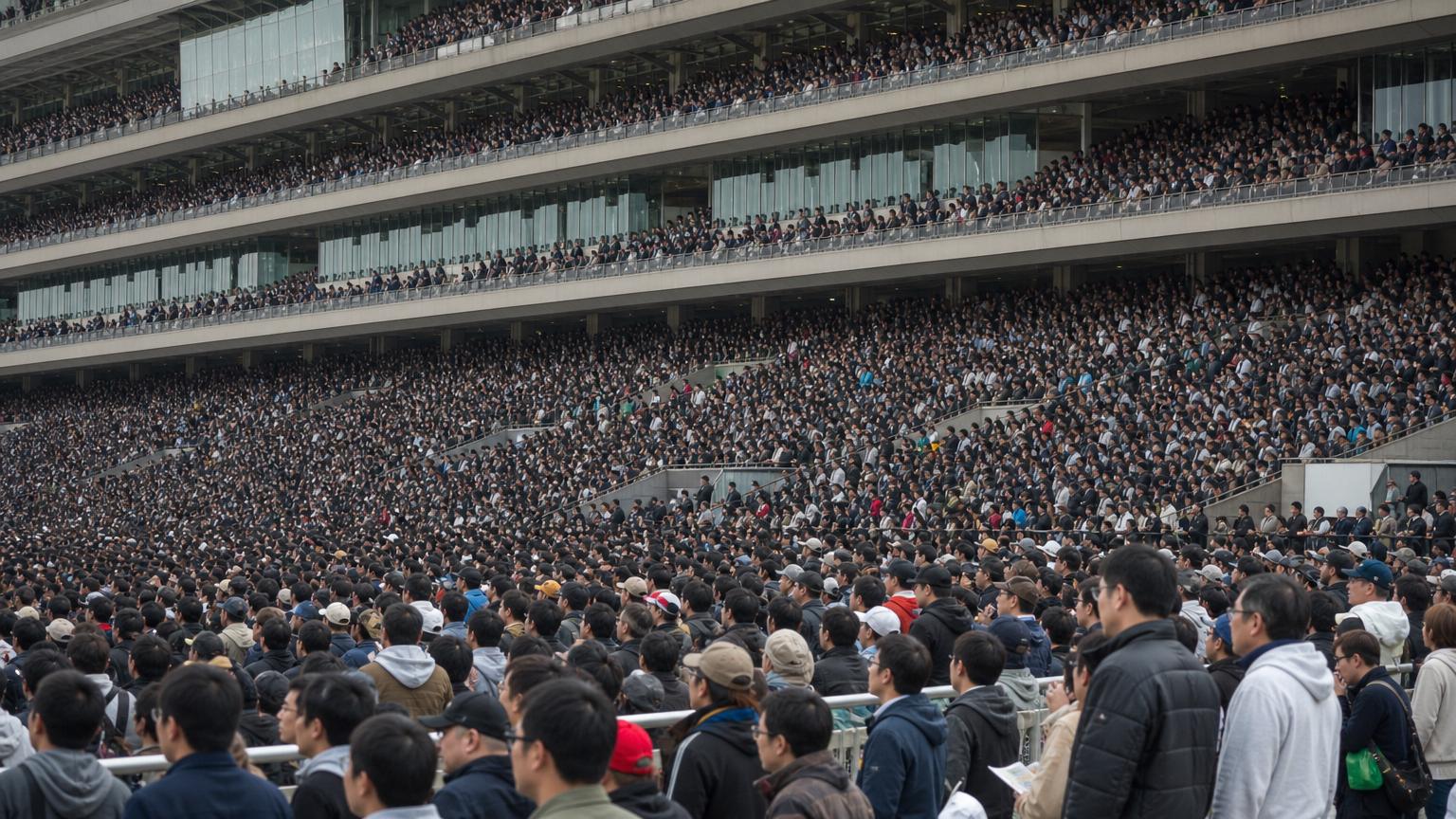 中央競馬場の満員のスタンド。何万人もの観客が幾層にも重なり、手前の人々は一様にコースの方を向いている