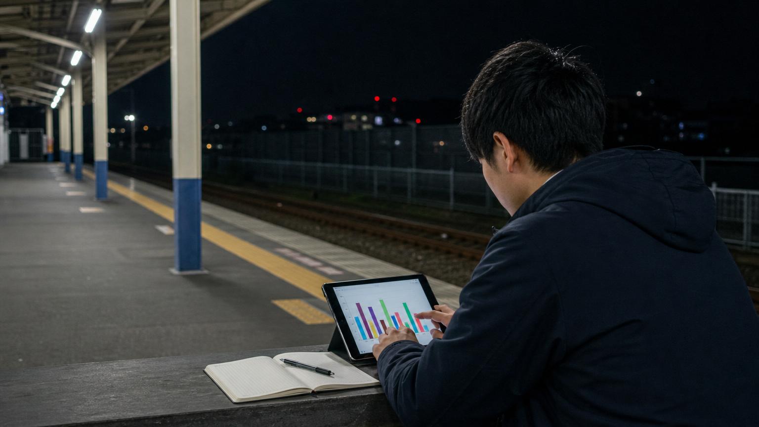 20代の日本人男性が、競馬のデータを見ながら考えている場面