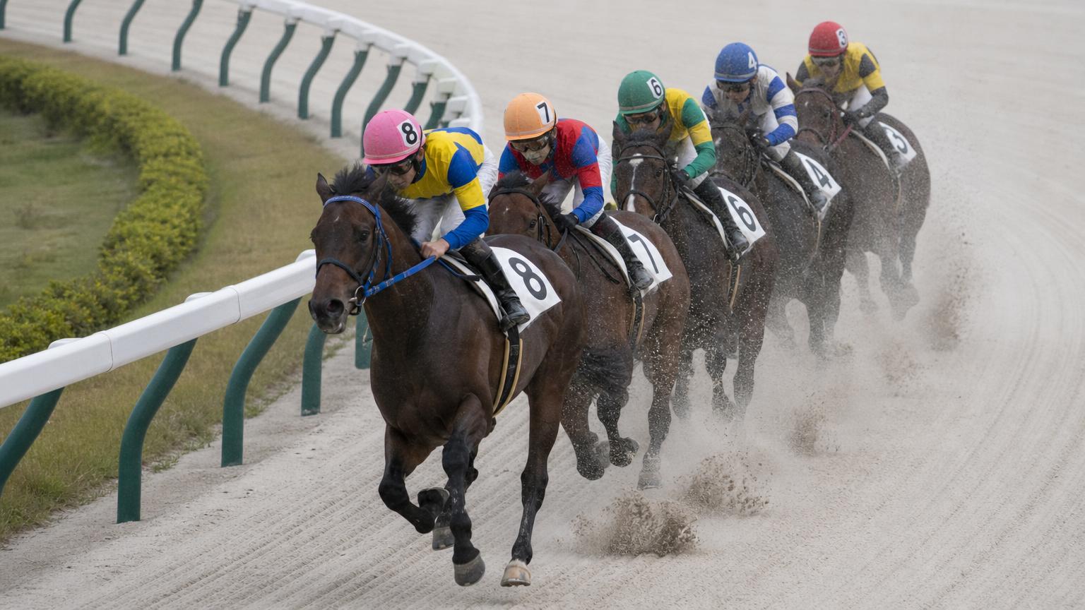 地方競馬のダートコースのコーナーを、内ラチ沿いに先頭で回る競走馬。後続は同じくラチ沿いに縦一列で続いている