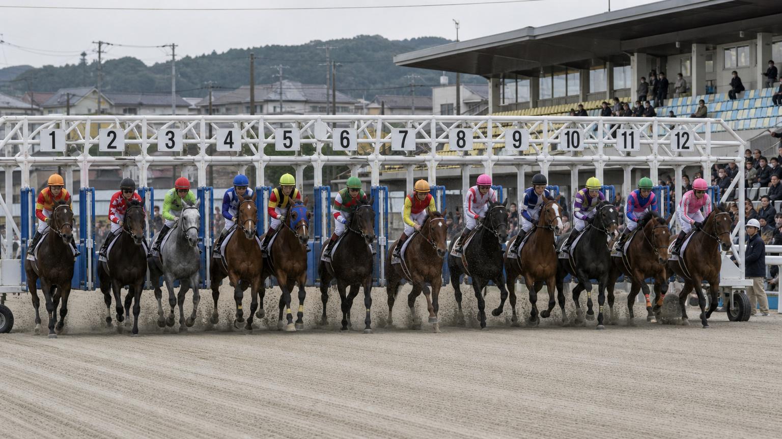 地方競馬のダートコースで、競走馬の一団がスタートゲートから一斉に飛び出す瞬間。内枠から外枠まで横一線に並んでいる