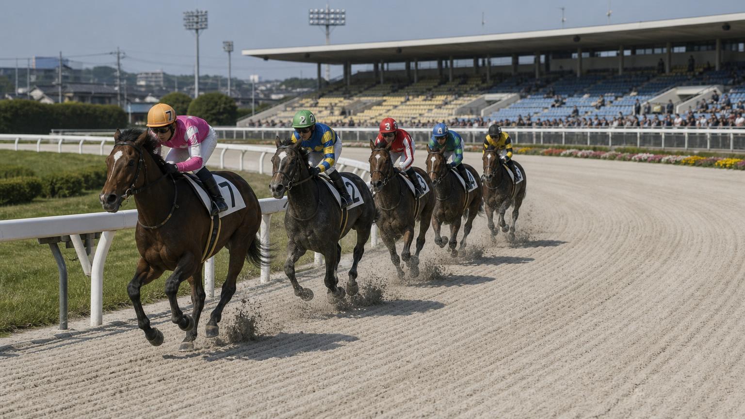 小さな地方競馬場の最終コーナーを、内ラチ沿いに先頭で回る競走馬。後続はラチ沿いに縦一列で続き、外側の走路は空いている