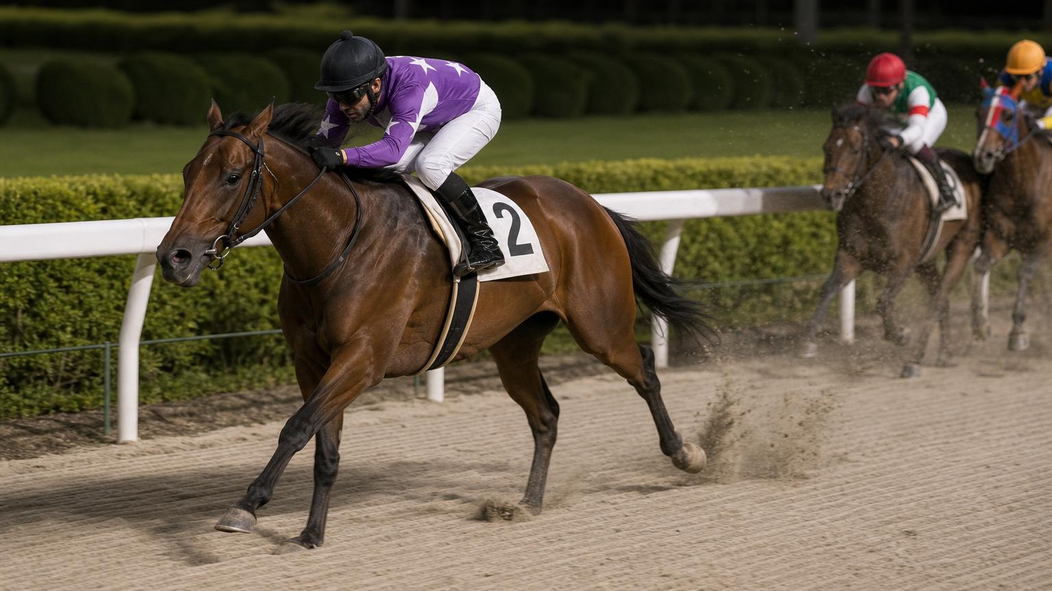 ナイターの地方競馬場のダートコースで、内ラチ沿いを先頭のまま駆け抜ける競走馬と騎手