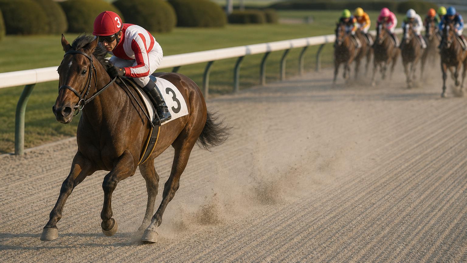 夕方の地方競馬場のダートコースで、内ラチ沿いを単騎で逃げる競走馬と騎手。後続の一団は大きく離れて小さく写っている