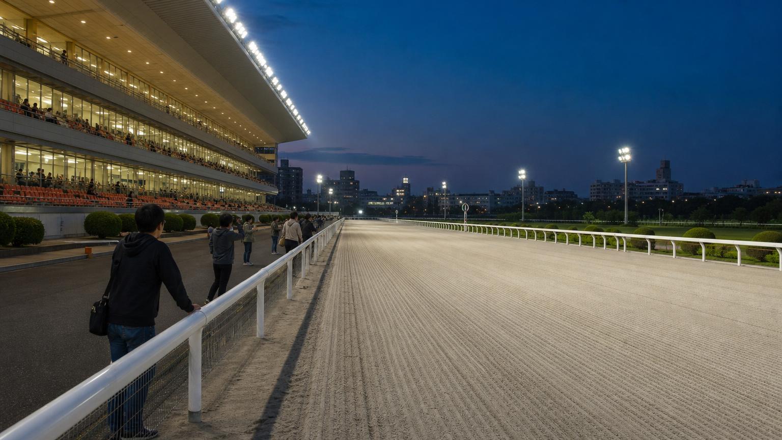 船橋競馬場をイメージした地方競馬場の全景。手前にスタンドと立ち見の広場、その先の外ラチの向こうに砂のコースが広がっている