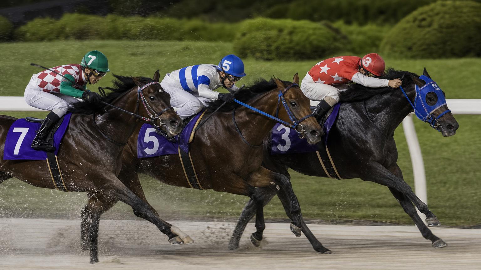 船橋競馬場をイメージした砂のコースのゴール前。内ラチ沿いの3頭がわずかな差で競り合い、それぞれの騎手が追っている