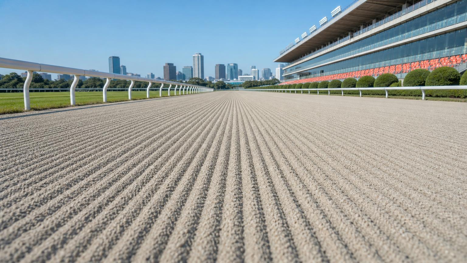 船橋競馬場をイメージした砂のコース。レース前のハロー掛けを終えた無人の走路が、走行方向に走る細い筋を残して奥へ続いている