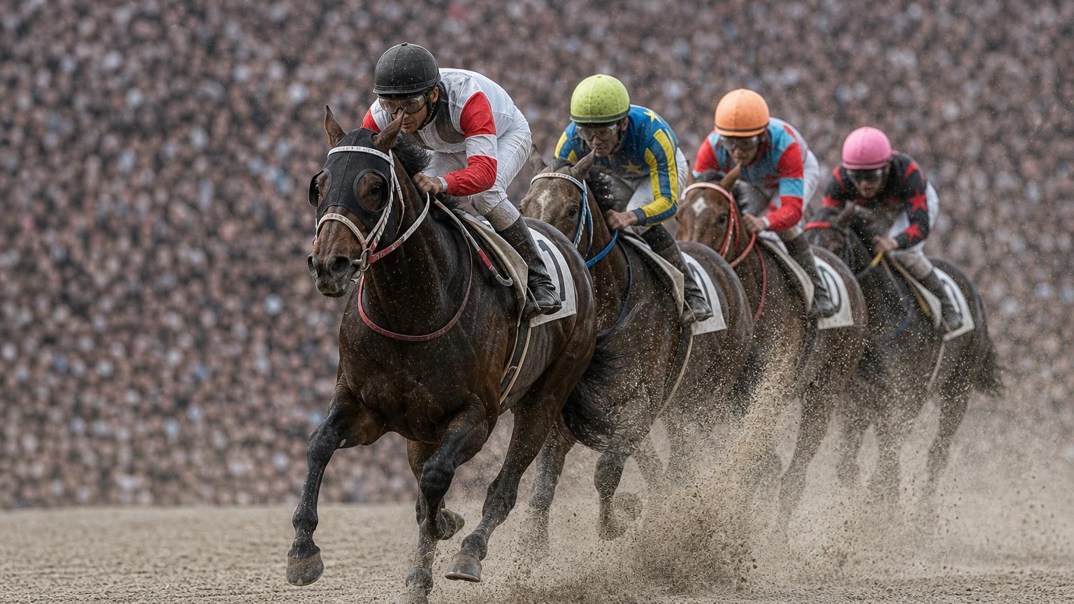 満員の大観衆を背に、中央競馬のダートコースを追い比べる競走馬と騎手たち。砂を蹴立てて一頭が抜け出そうとしている