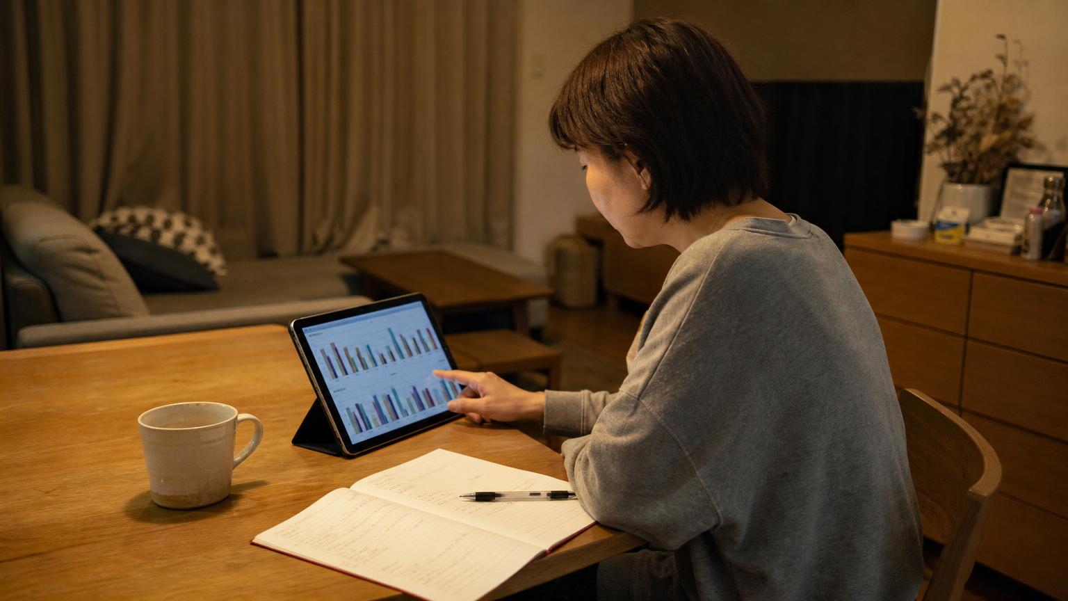 40代の日本人女性が、競馬のデータを見ながら考えている場面