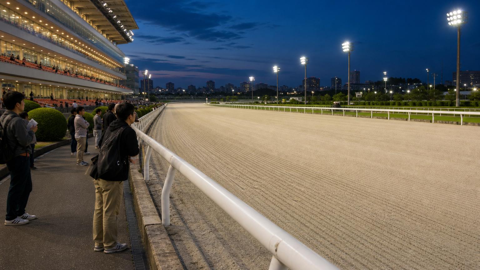 浦和競馬場をイメージした地方競馬場の全景。手前にスタンドと立ち見の広場、その先の外ラチの向こうに砂のコースが広がっている