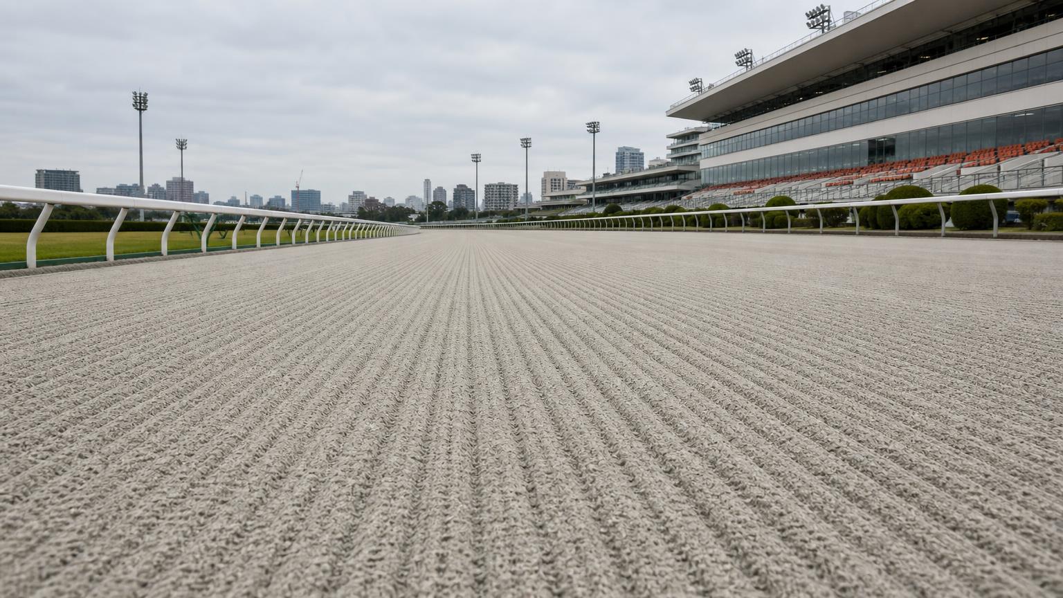 浦和競馬場をイメージした砂のコース。レース前のハロー掛けを終えた無人の走路が、走行方向に走る細い筋を残して奥へ続いている