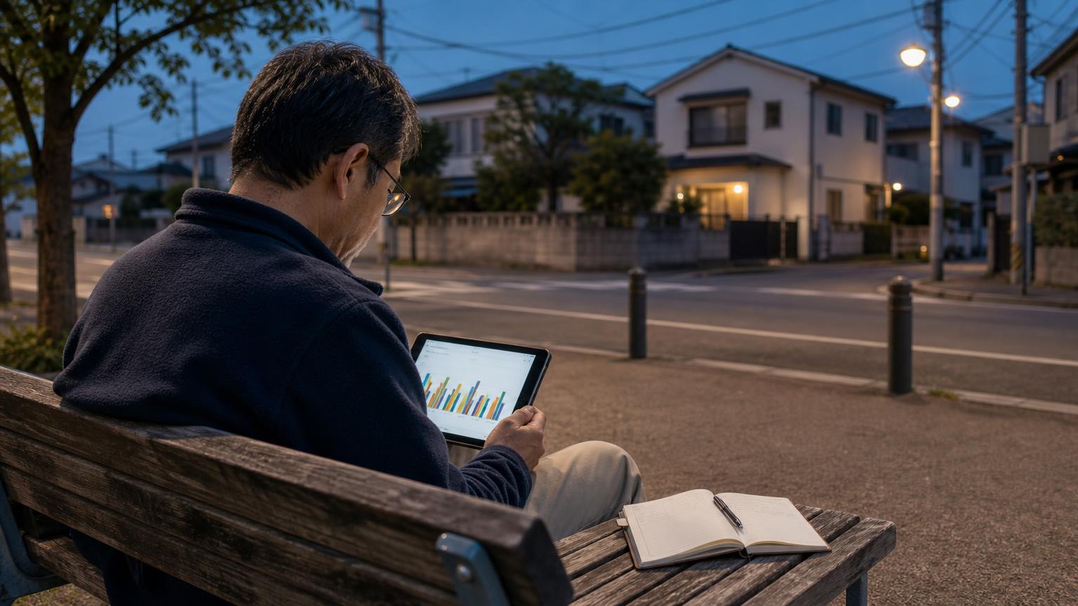 50代の日本人男性が、競馬のデータを見ながら考えている場面