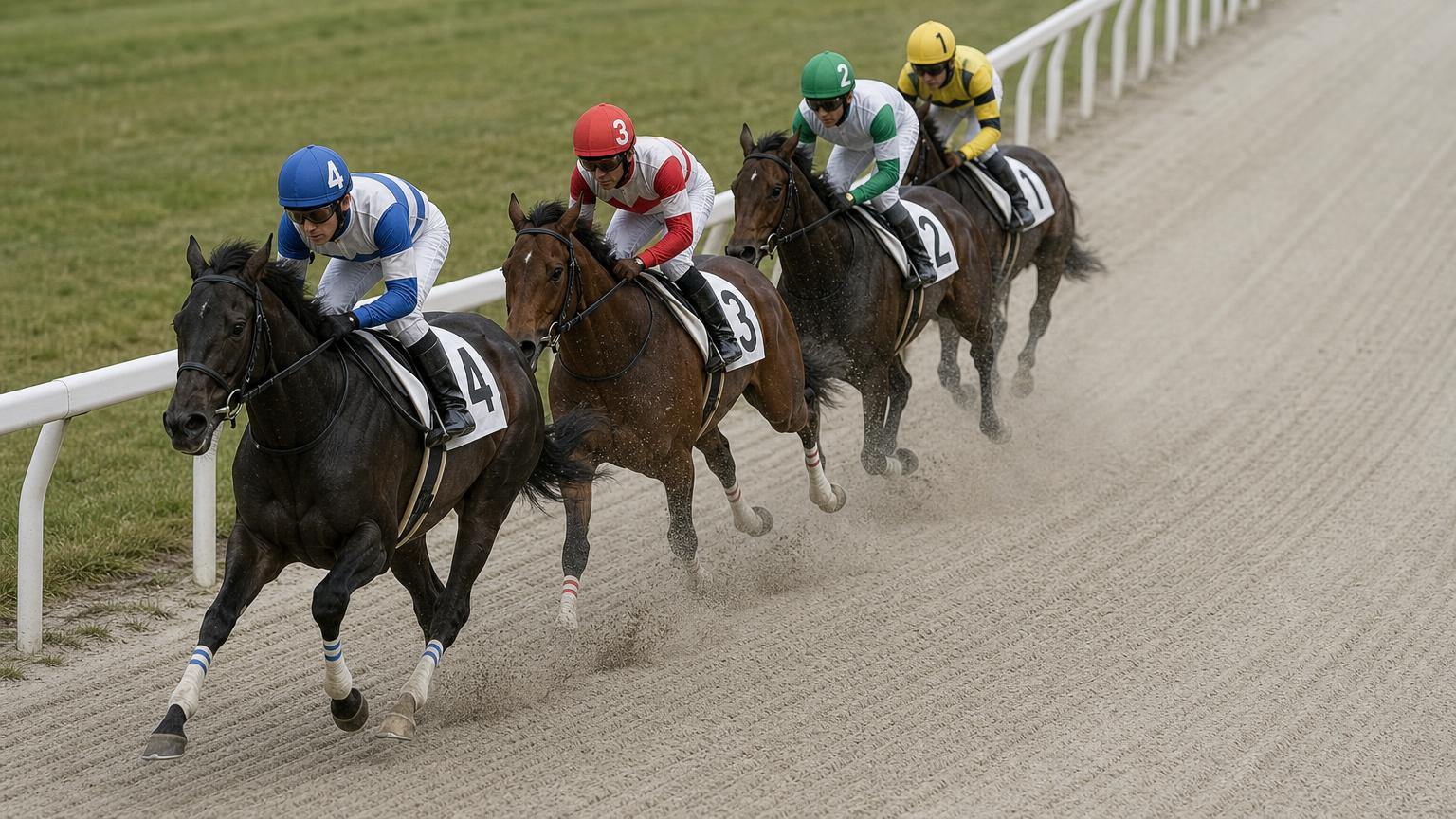 地方競馬のダートコースを走る少頭数のレース。内ラチ沿いに4頭だけが縦に連なり、外側の走路は大きく空いている